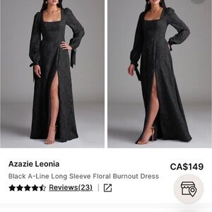 Azazie Black Long Sleeve A-Line Floral Burnout Evening Gown